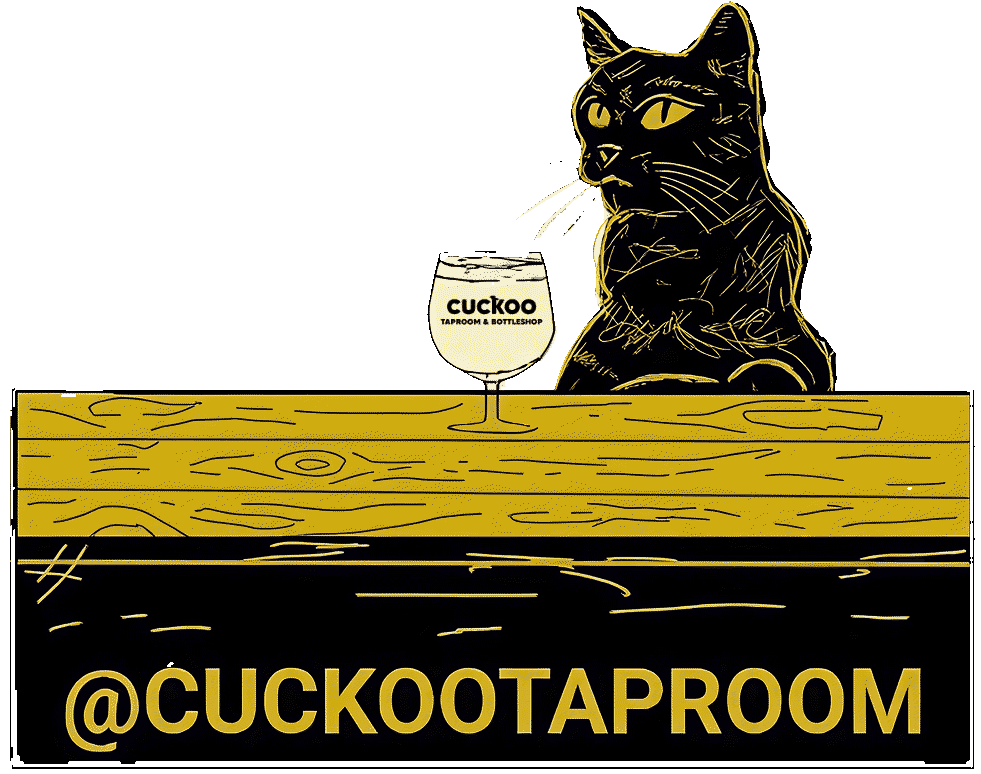 Pixel-art cat sticker at Cuckoo Taproom